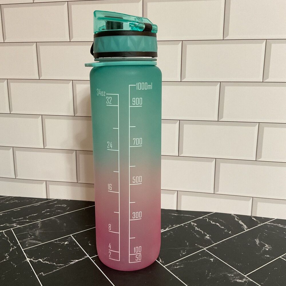 1Pcs 1000ml Sports Water Bottle with Time Scale Gradient Color Leakproof Gym